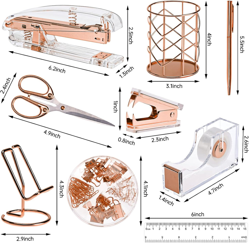 Rose Gold Acrylic Desk Organizer Set with Stapler and File Shelves X972