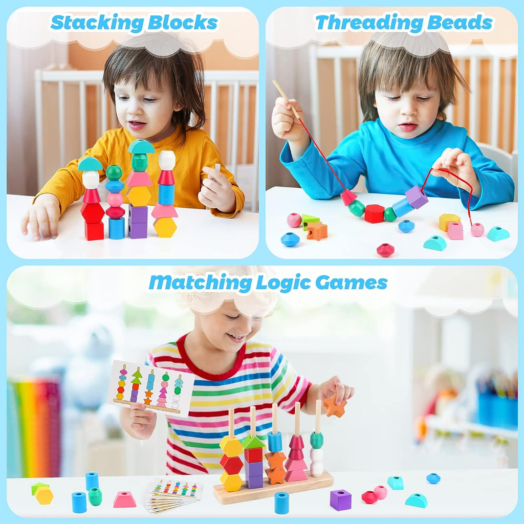 Wooden Bead Sequencing Toy Set Stacking Blocks Lacing Beads Matching Shape Colors Stacker Montessori Toys C2607