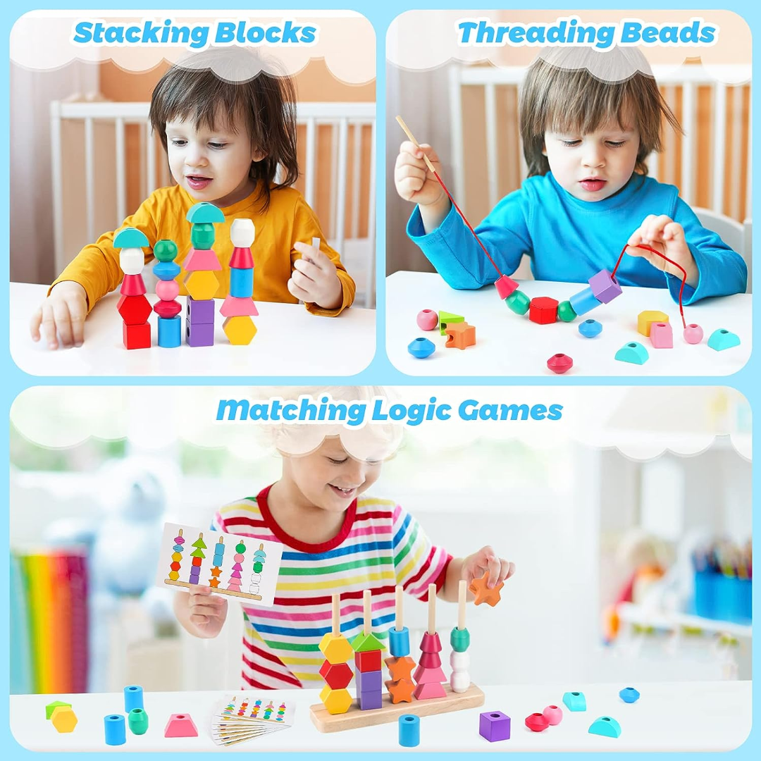Wooden Bead Sequencing Toy Set Stacking Blocks Lacing Beads Matching Shape Colors Stacker Montessori Toys C2607