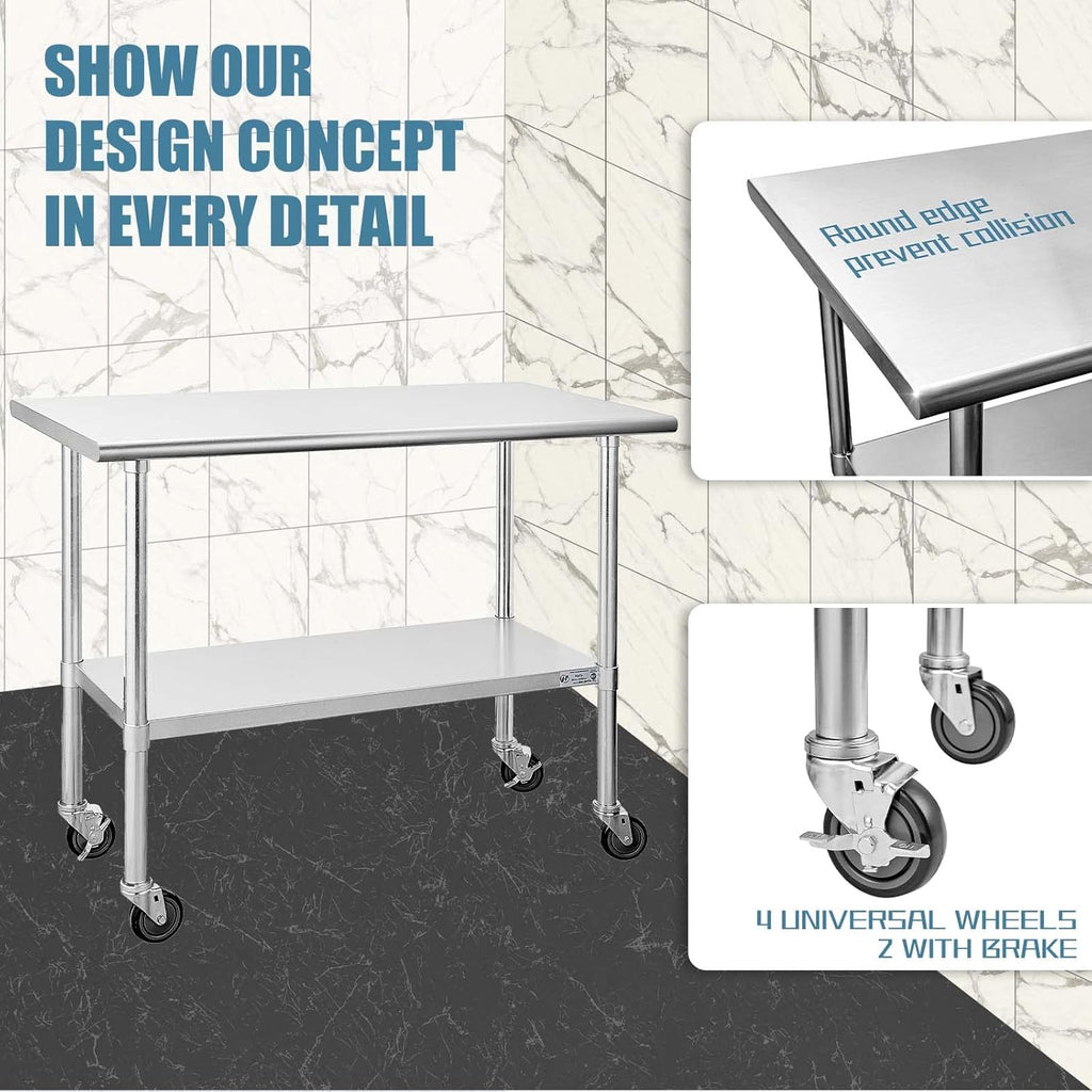 Stainless Steel Table 24 x 48 Inches with Caster Wheels and Undershelf E951
