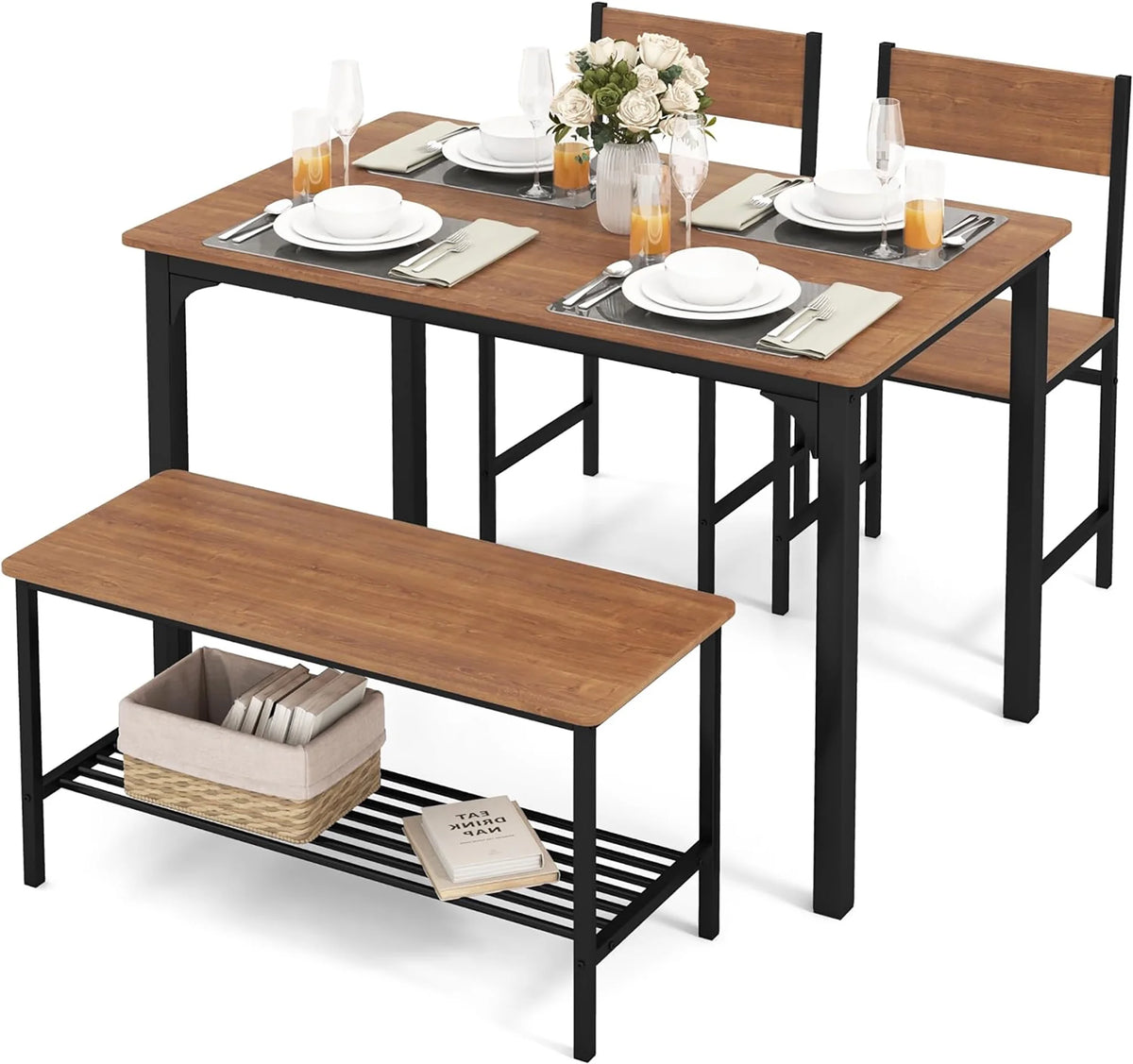 4 Pc Dining Table Set with 2 Chairs and Bench R543