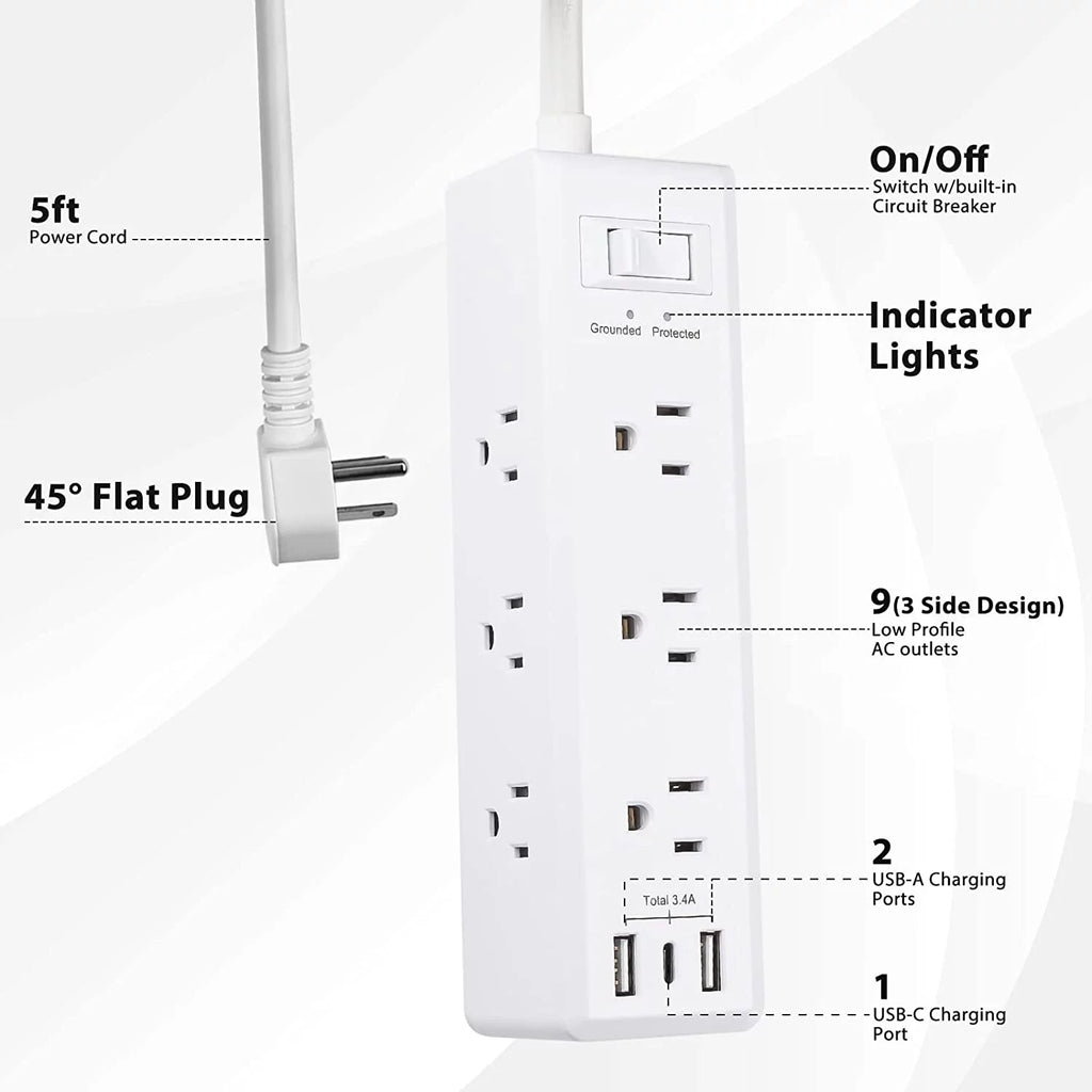 Surge Protector Power Strip with 9 Outlets 2 USB-A 1 USB-C 5 Ft Extension Cord S1115