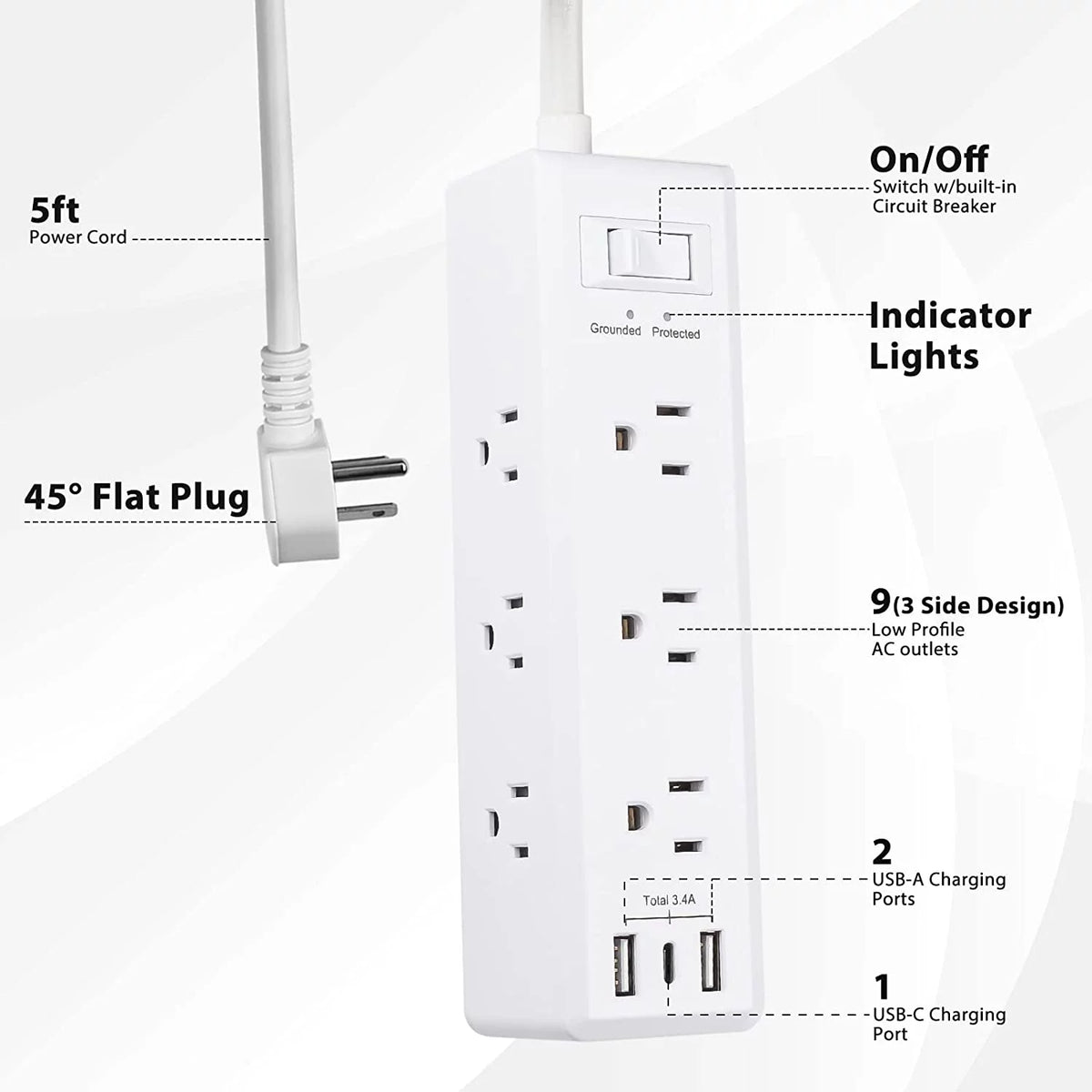 Surge Protector Power Strip with 9 Outlets 2 USB-A 1 USB-C 5 Ft Extension Cord S1115