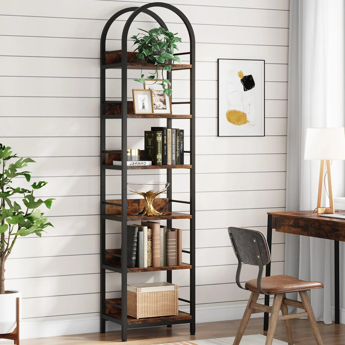 6-Tier Open Bookshelf, 78.7" Tall Arched Bookcase with Metal Frame, Rustic Brown K2691