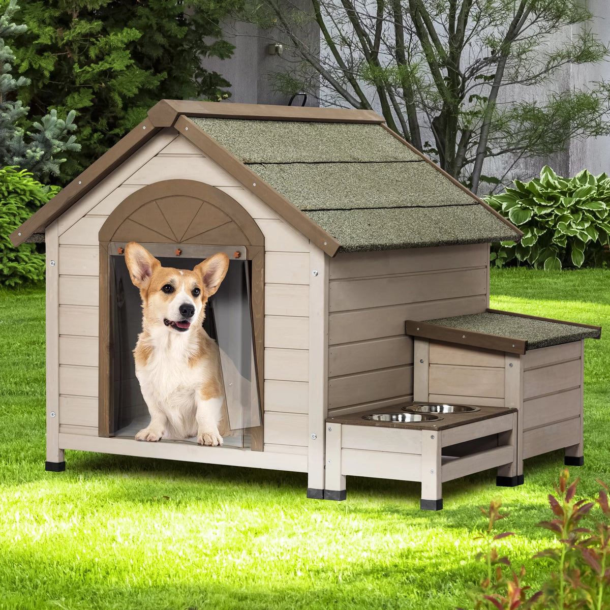 Outdoor Wood Dog House with Feeding Station and Storage Box W641538