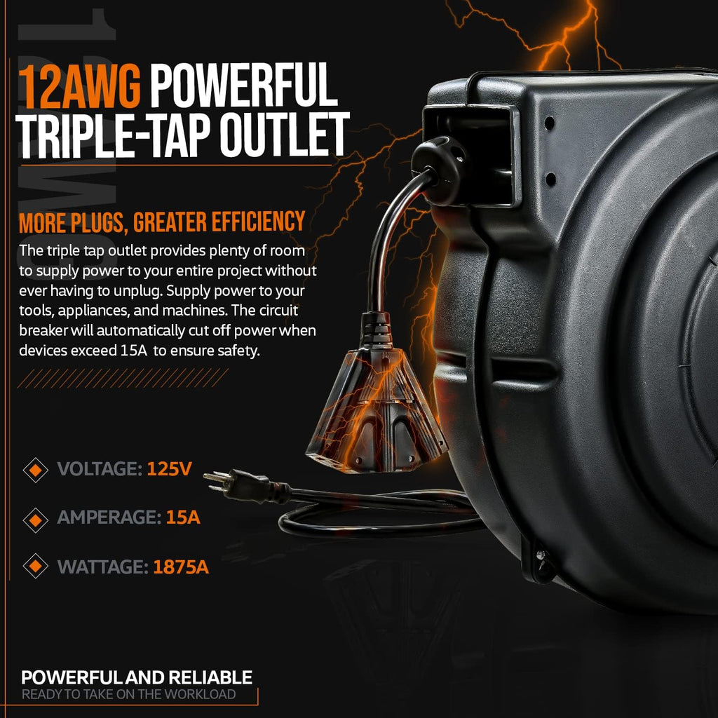 Extension Cord Reel Retractable 12AWG x 75' Feet Cable with Triple Tap Connector C83301