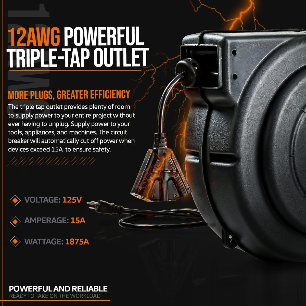 Extension Cord Reel Retractable 12AWG x 75' Feet Cable with Triple Tap Connector C83301