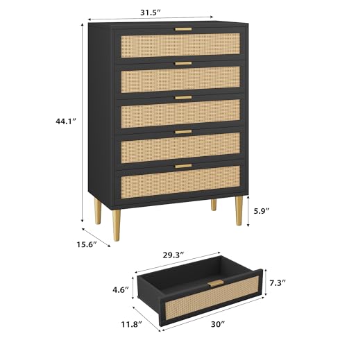 Oak 5 Drawer Rattan Wood Dresser U77548