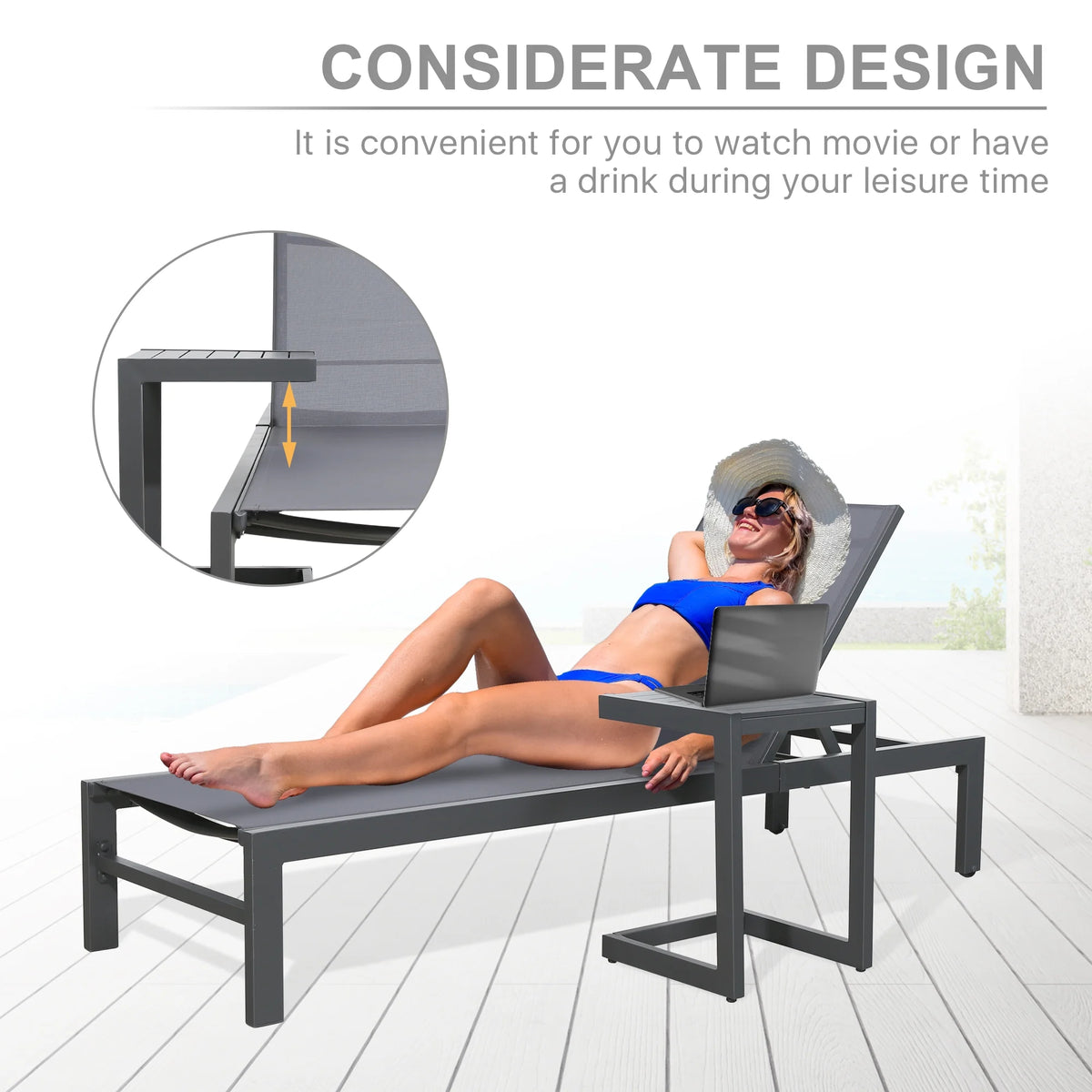 3 Pieces Outdoor Patio Aluminum Reclining Chaise Lounge Chairs Set with Side Table J945192
