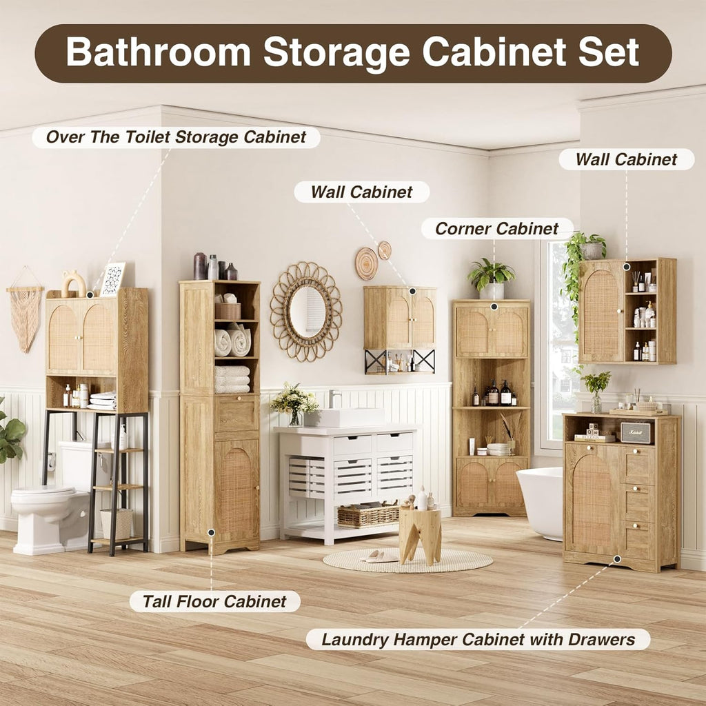 Natural Linen Tall Narrow Bathroom Storage Cabinet with Rattan Doors and Drawer W72272