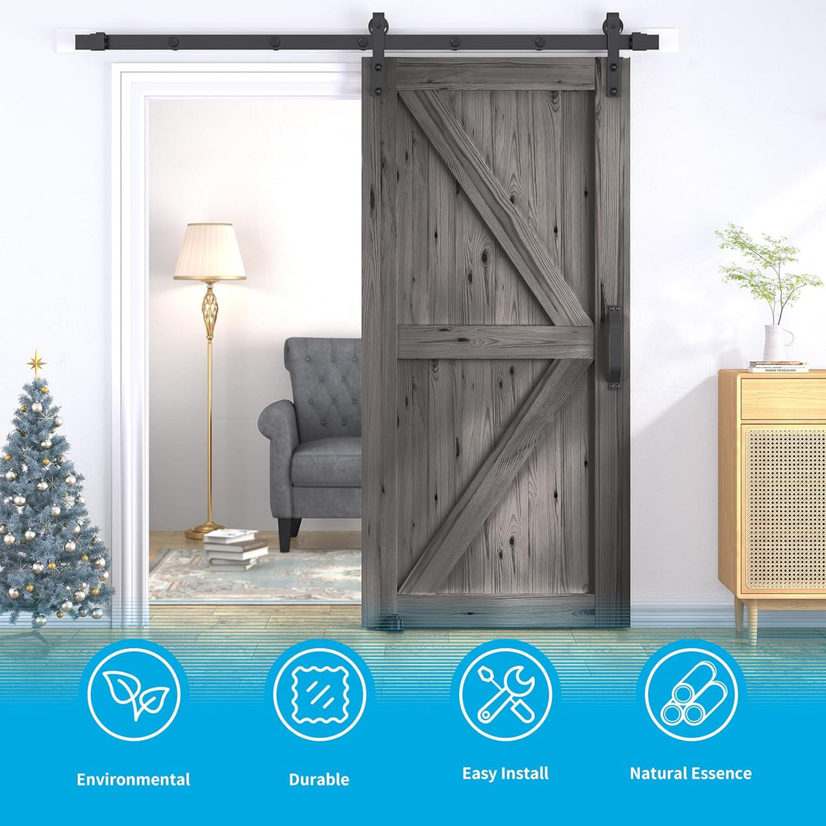30In x 84In Sliding Barn Door with 5FT Barn Door Hardware Kit, Brown R8204
