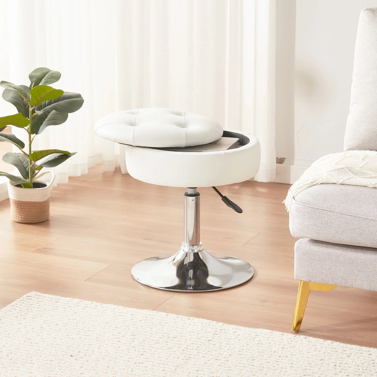 White Swivel PU Leather Vanity Stool V467