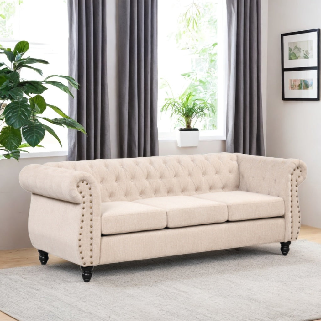 Beige Plush Upholstered Sofa with Solid Wood Legs B7471