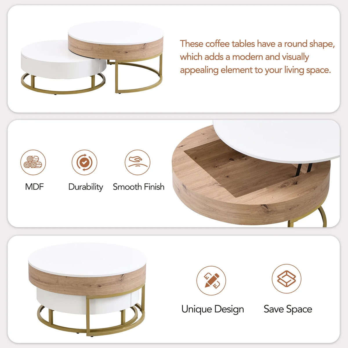 Round Lift-top Nesting Coffee Tables with 2 Drawers S826881