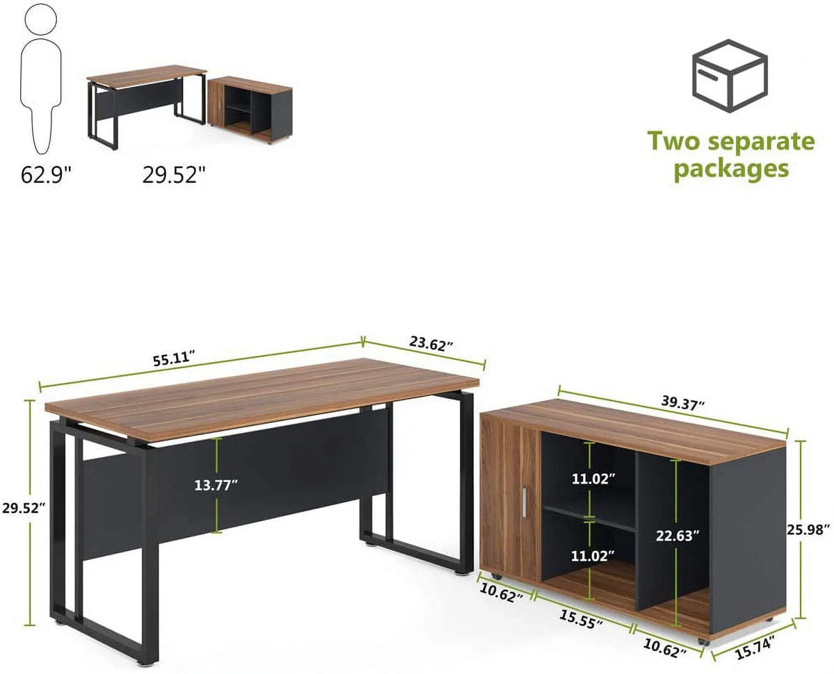 55 inch L-Shaped Computer Desk with File Cabinet P2028