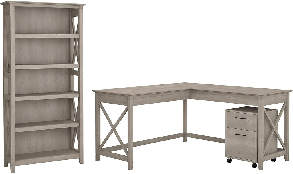 L Shaped Desk with 2 Drawer File Cabinet and 5 Shelf Bookcase H174