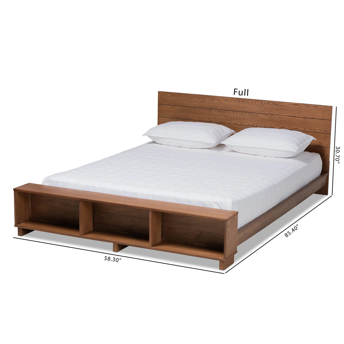 Ash Walnut Brown Wood Full Size Platform Storage Bed with Built-In Shelves W794