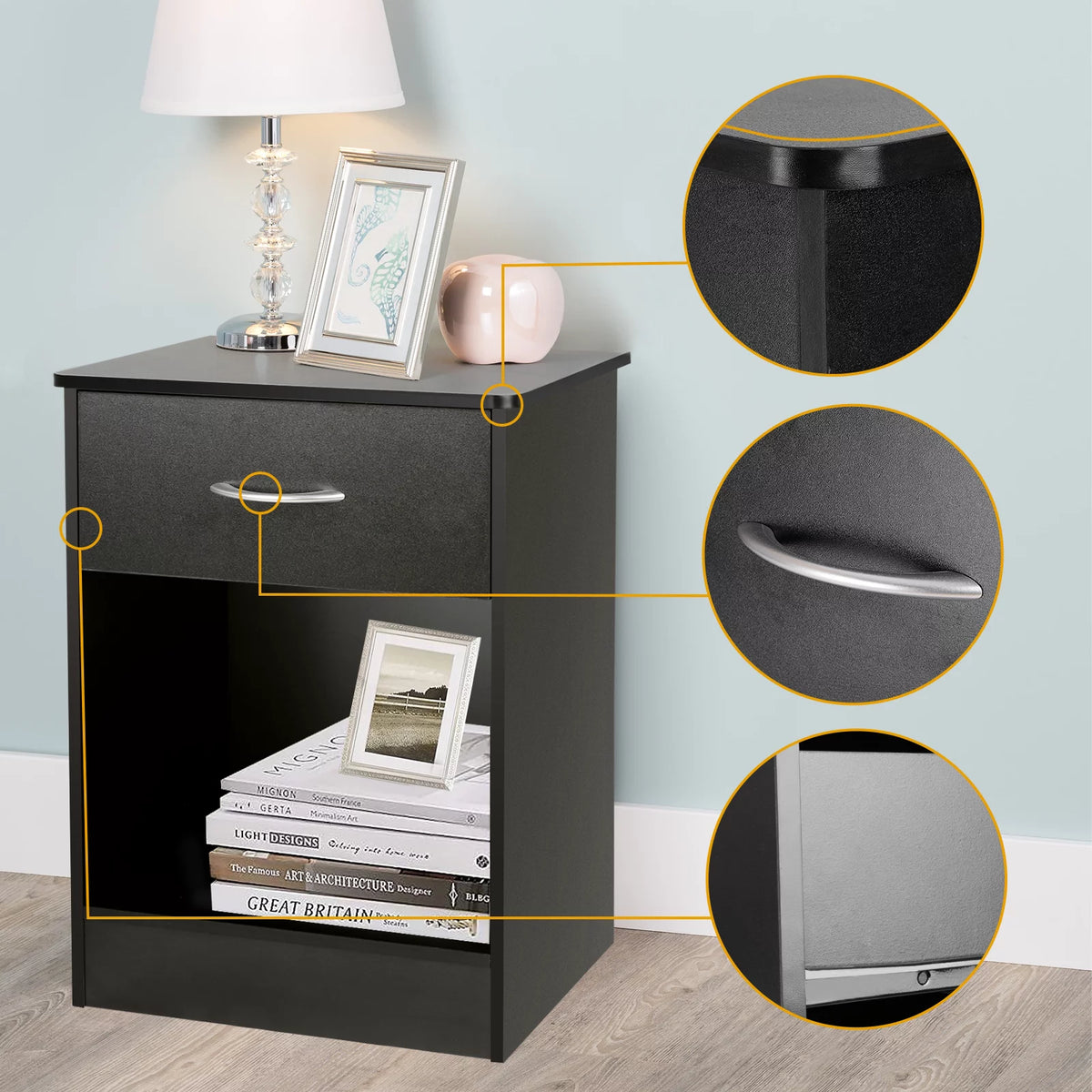 Black 2pcs Wood Nightstand with Drawer T525