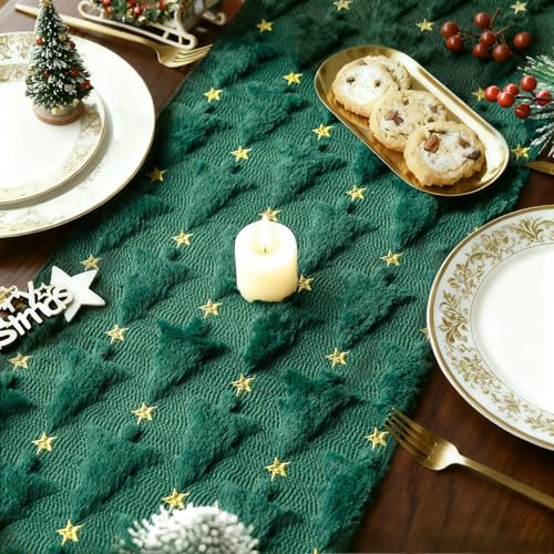 Christmas Table Runner Green Soft Plush Faux Fur Jacquard 13x72 Inch O297291