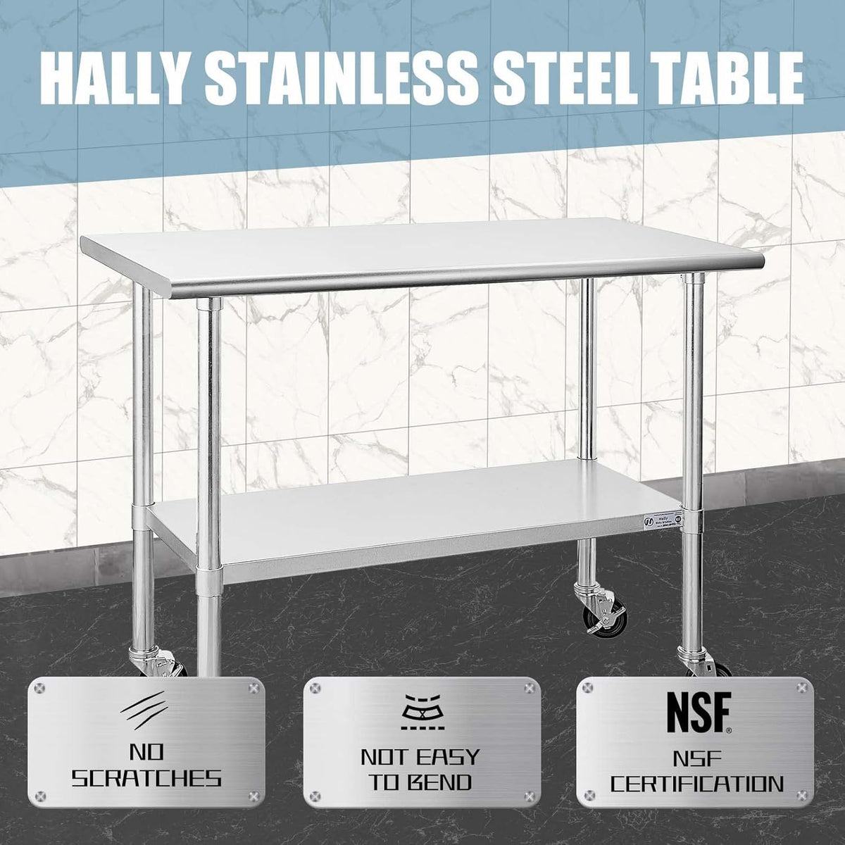 Stainless Steel Table 24 x 48 Inches with Caster Wheels and Undershelf E951