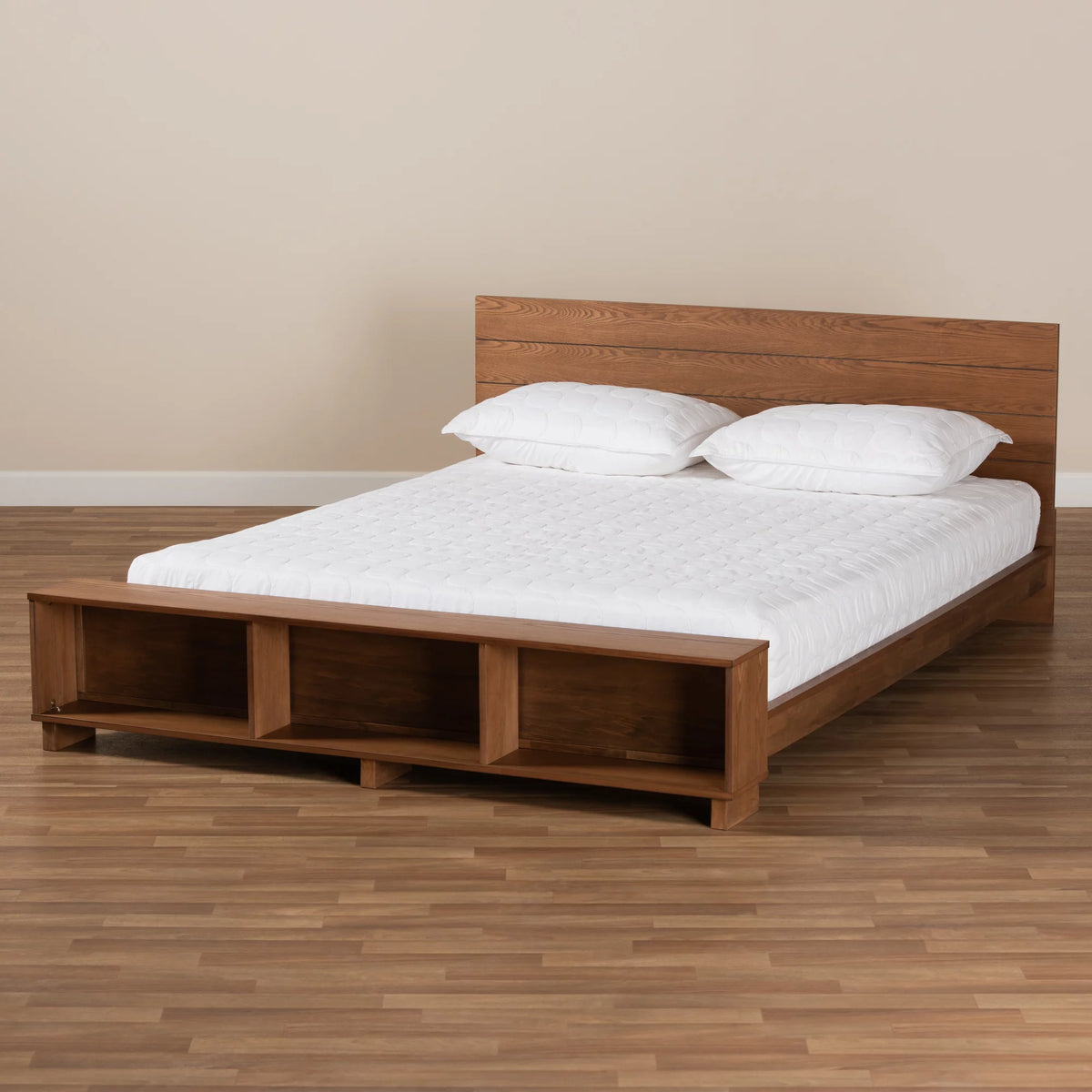 Ash Walnut Brown Wood Full Size Platform Storage Bed with Built-In Shelves W794