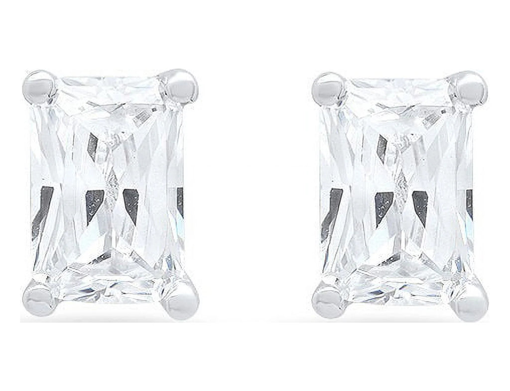 18K White Gold Emerald Cut Solitaire Stud Earrings I1545