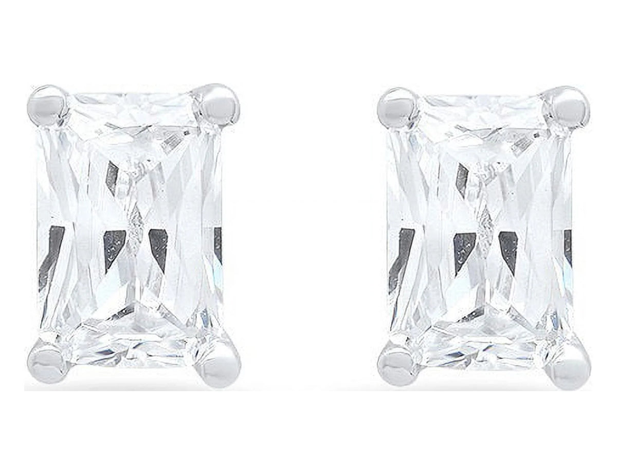 18K White Gold Emerald Cut Solitaire Stud Earrings I1545