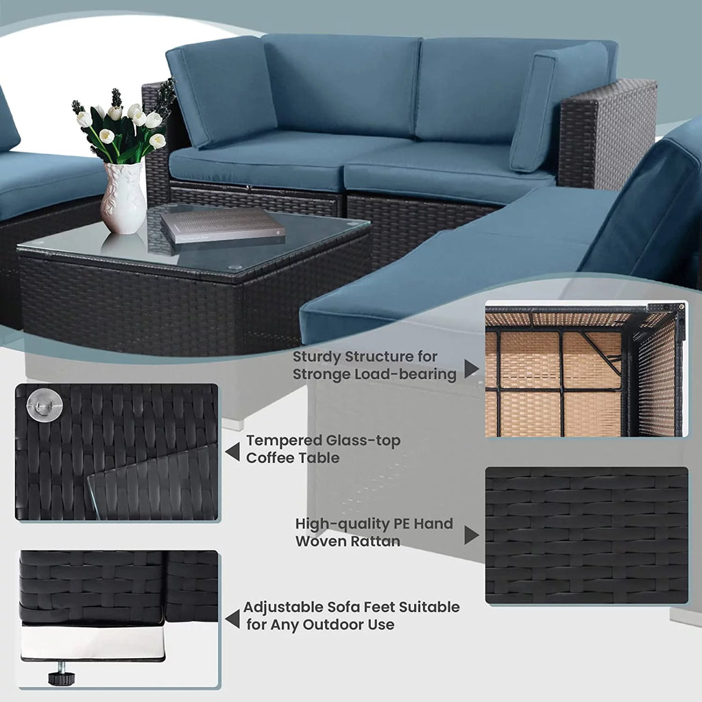 7-Pieces Wicker Outdoor Sectional Sofa Set with Haze Blue Cushions H77221