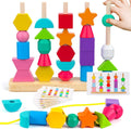 Wooden Bead Sequencing Toy Set Stacking Blocks Lacing Beads Matching Shape Colors Stacker Montessori Toys C2607