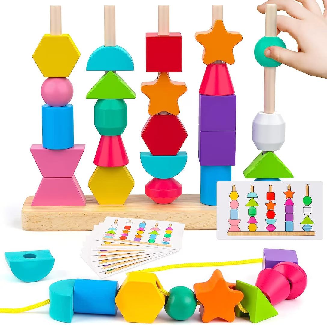Wooden Bead Sequencing Toy Set Stacking Blocks Lacing Beads Matching Shape Colors Stacker Montessori Toys C2607