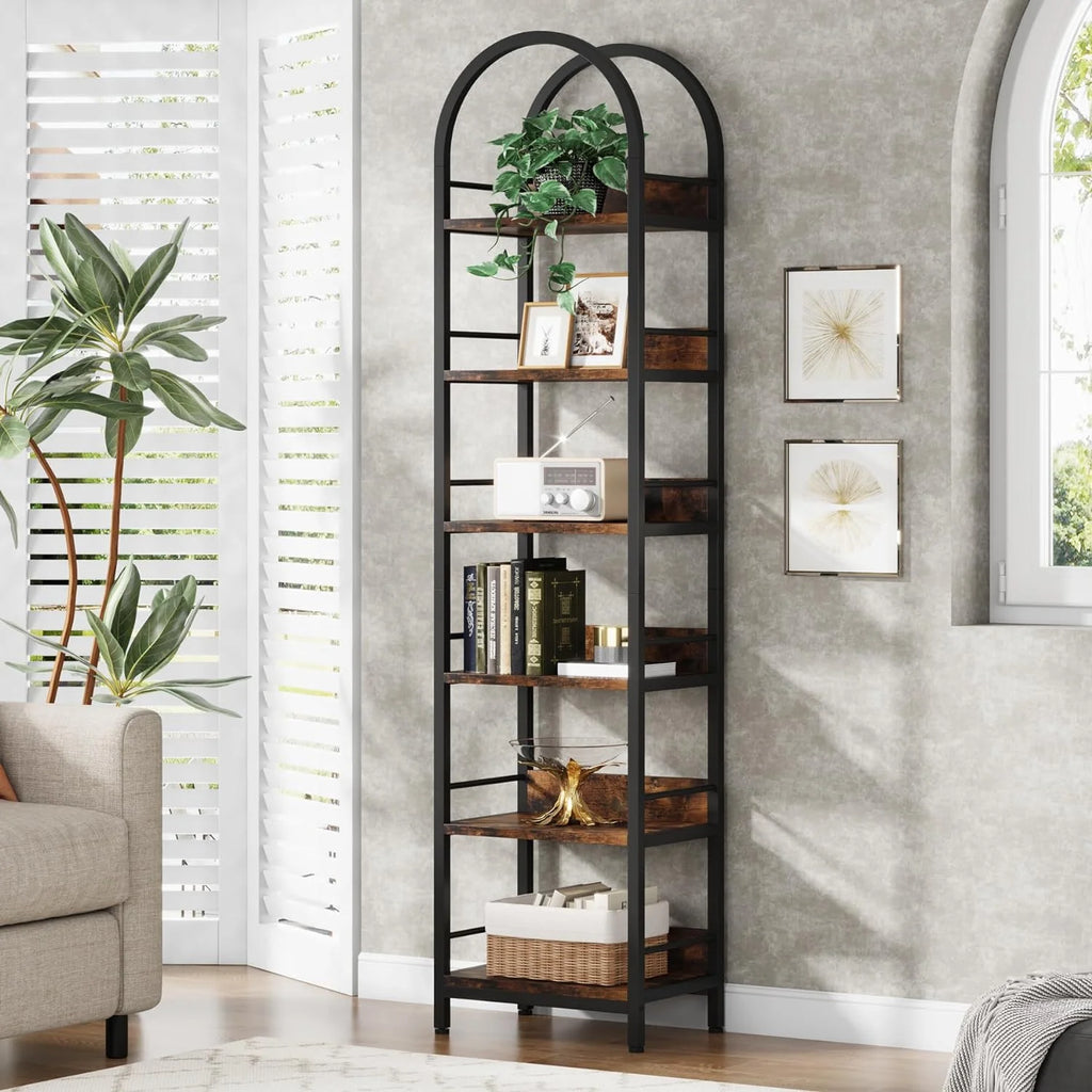 6-Tier Open Bookshelf, 78.7" Tall Arched Bookcase with Metal Frame, Rustic Brown K2691