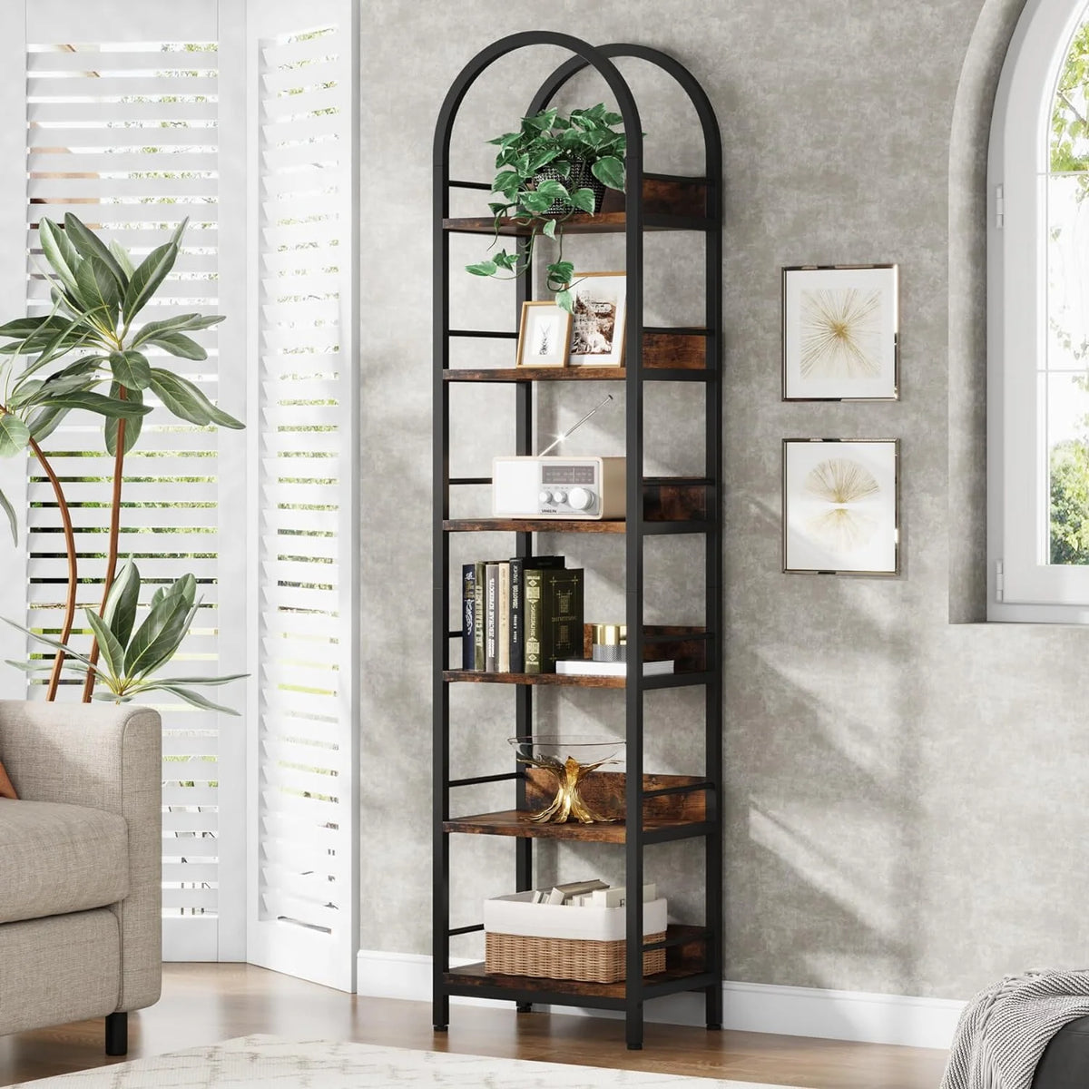 6-Tier Open Bookshelf, 78.7" Tall Arched Bookcase with Metal Frame, Rustic Brown K2691