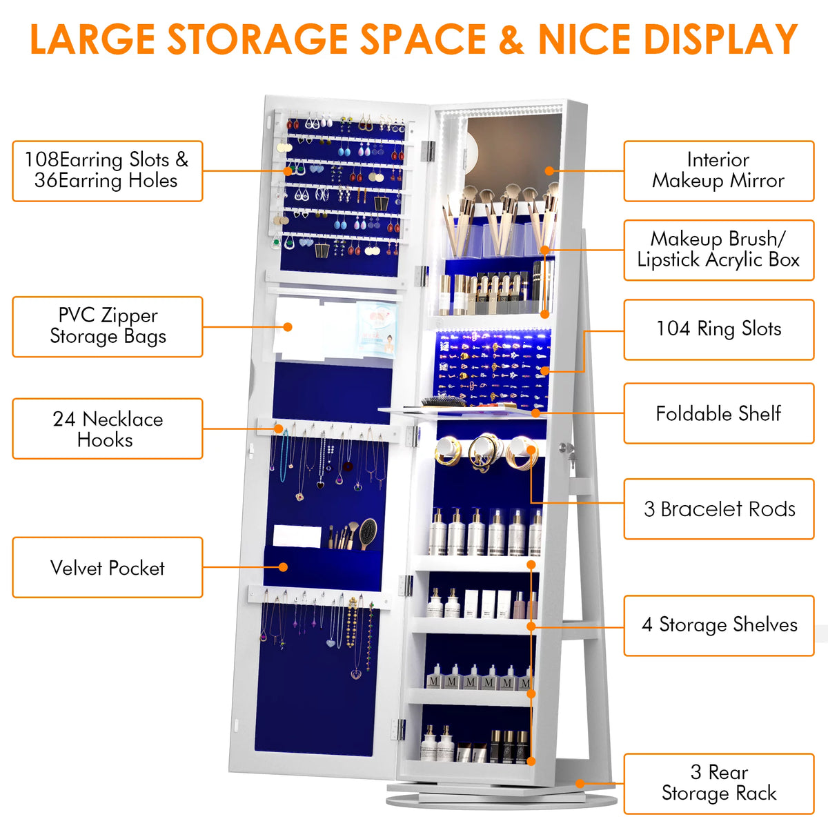 360° Rotating LED Jewelry Armoire with Full Length Mirror D84258