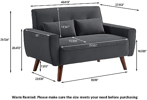 48" Linen Loveseat Sofa with 2 Throw Pillows and Wooden Legs C72136