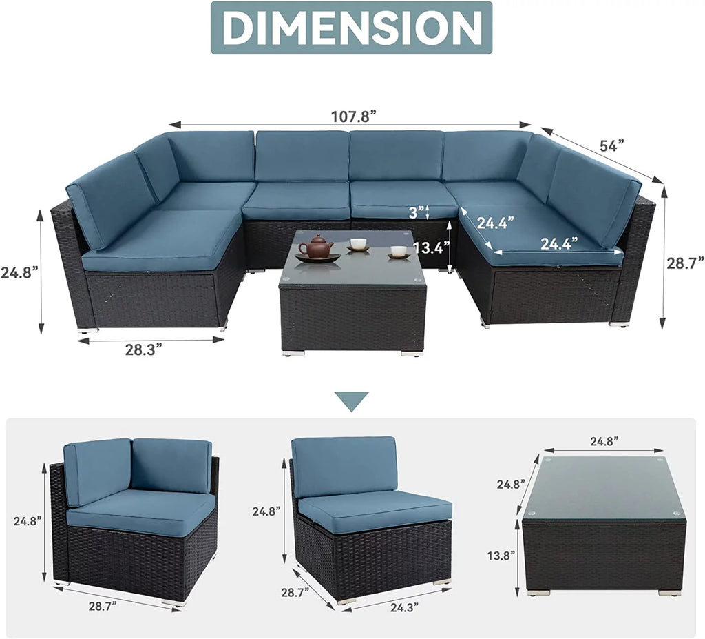 7-Pieces Wicker Outdoor Sectional Sofa Set with Haze Blue Cushions H77221