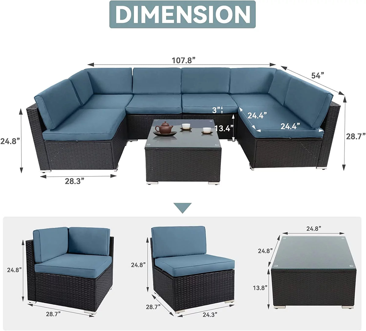 7-Pieces Wicker Outdoor Sectional Sofa Set with Haze Blue Cushions H77221