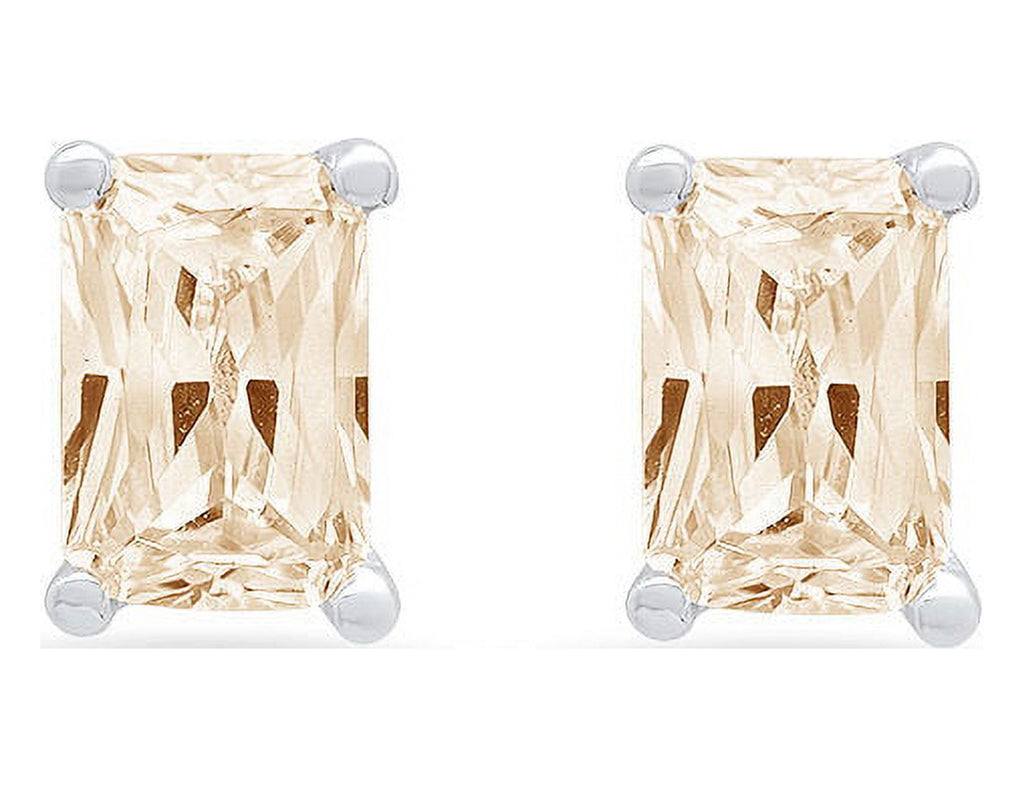 18K White Gold Emerald Cut Solitaire Stud Earrings I1545