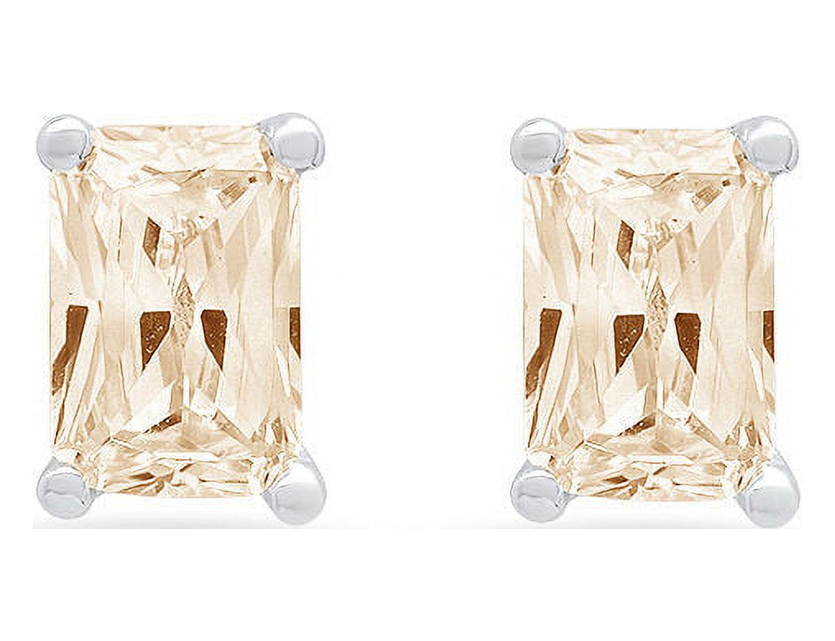 18K White Gold Emerald Cut Solitaire Stud Earrings I1545