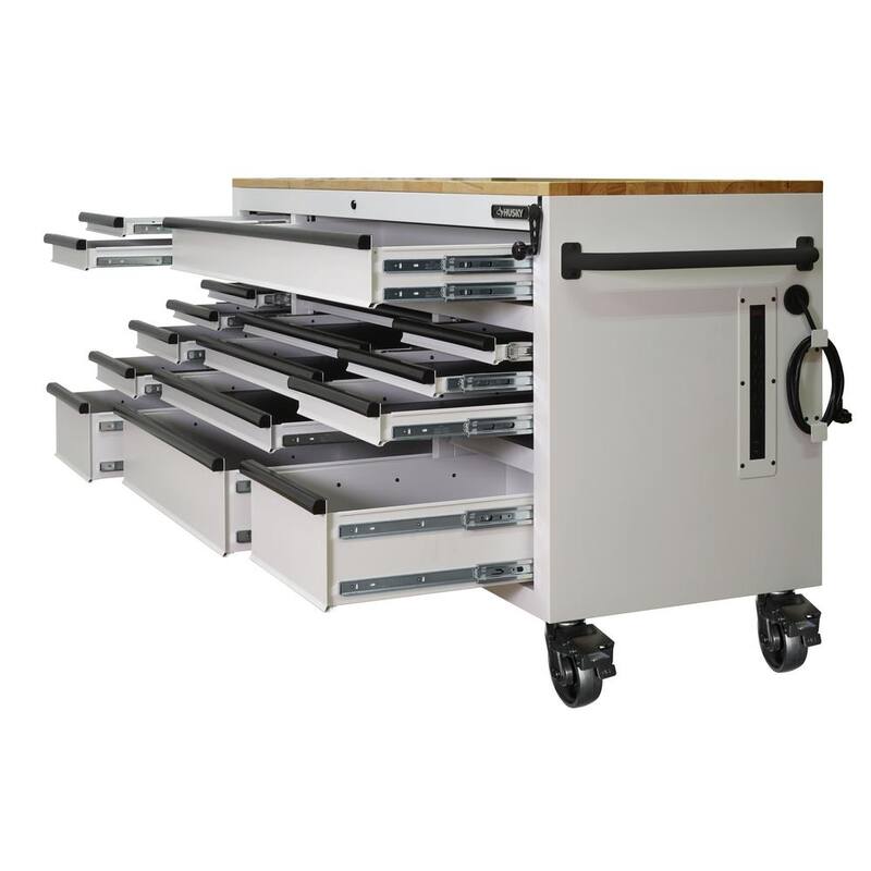 72 in. W Heavy Duty Matte White Mobile Workbench Cabinet with Wood Top N2786