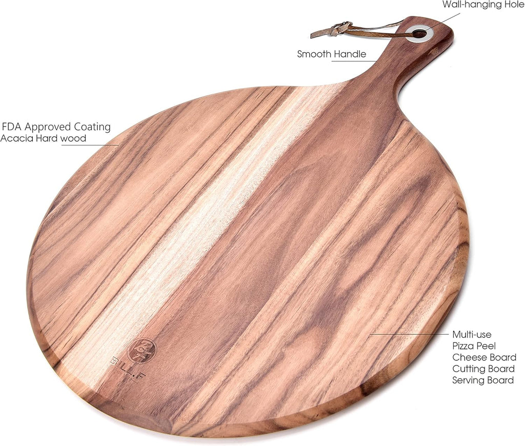 Acacia Wood Pizza Peel Cutting Board Cheese Paddle Board Bread and Crackers Platter with Handle 16 x 12 x 0.5 Inch Pack of 2 R388985