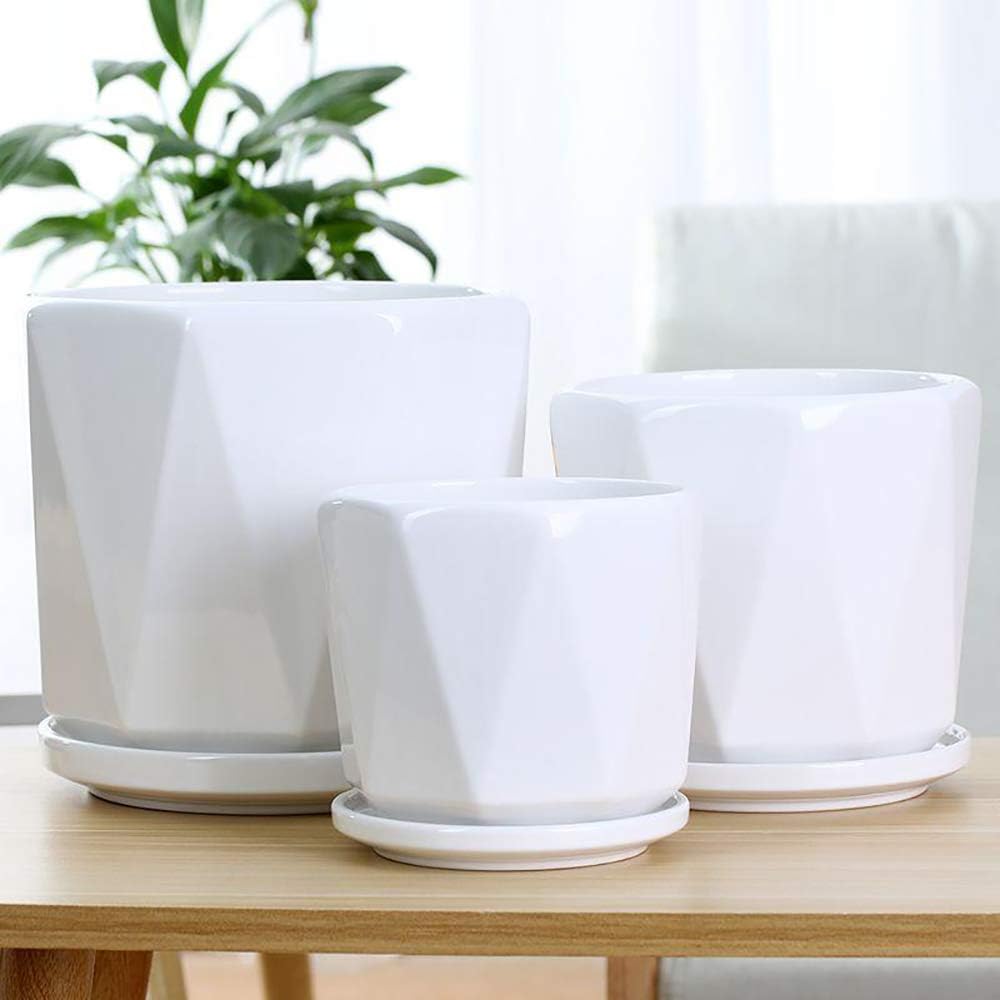 Set of 3 White Ceramic Plant Pots with Saucer Y481