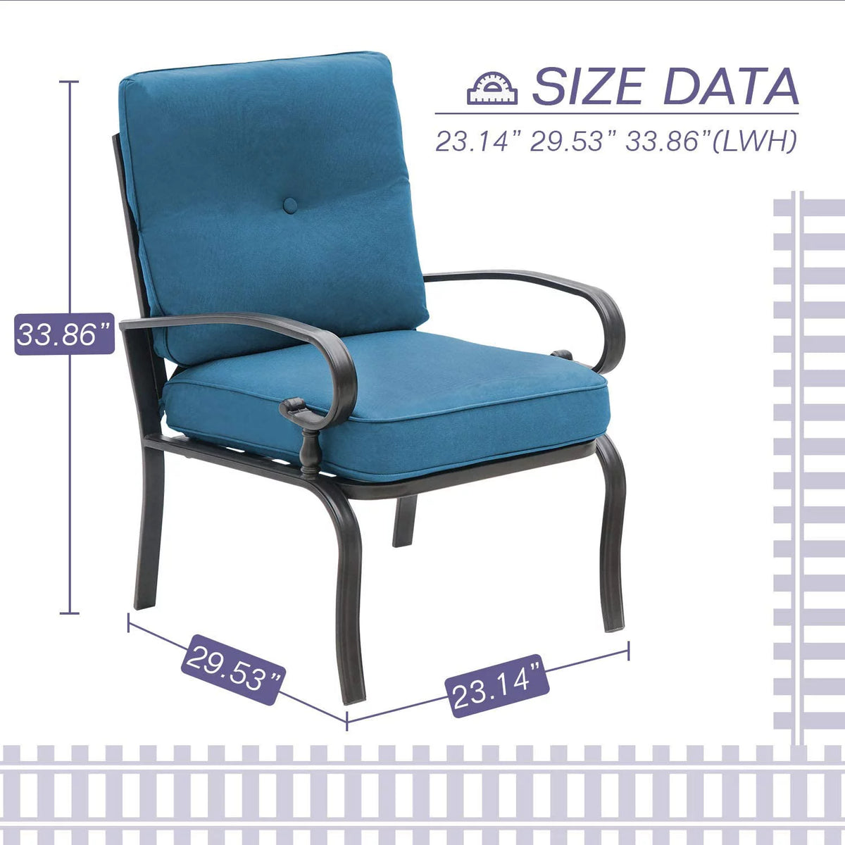 Patio Chairs Outdoor Wrought Iron Dining Chairs with Peacock Blue Cushions, Set of 2 F9819