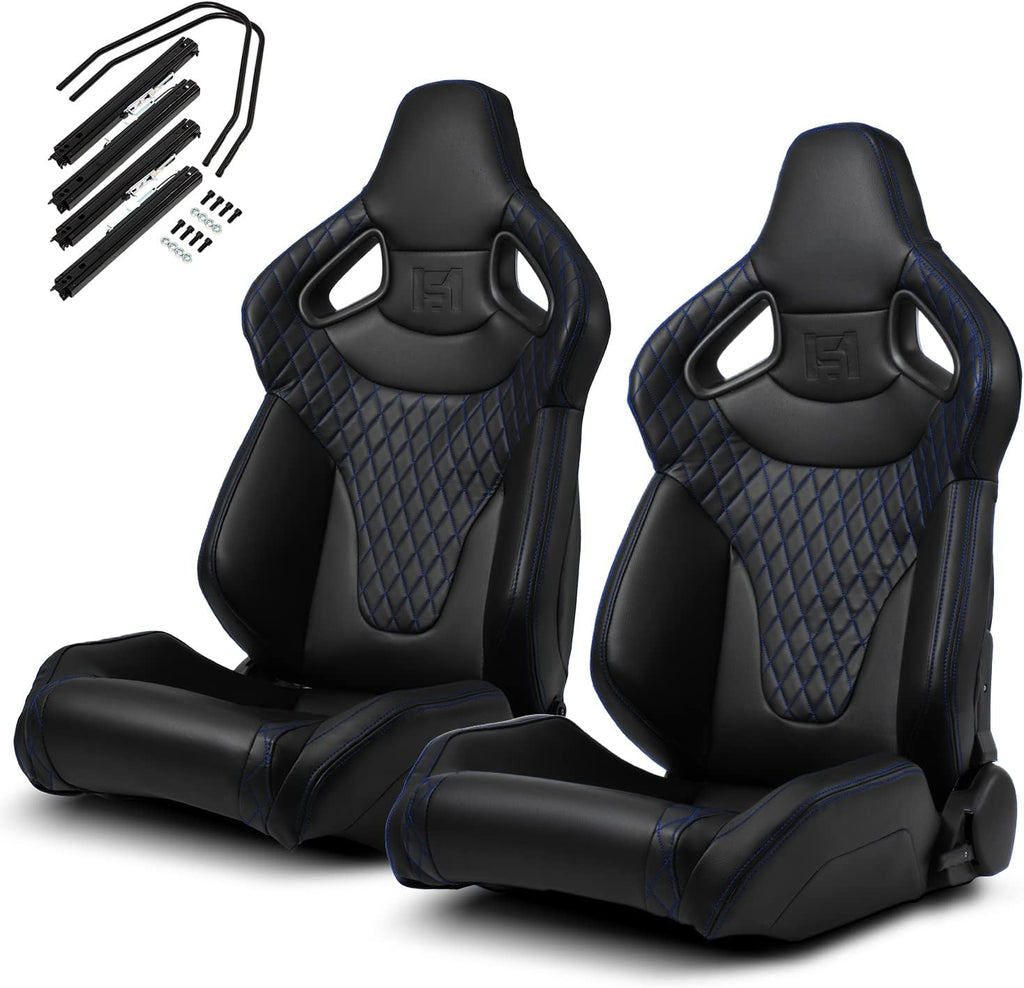 1 Pair Universal Black Carbon Fiber Leather PVC Racing Seats with Slider Y537987