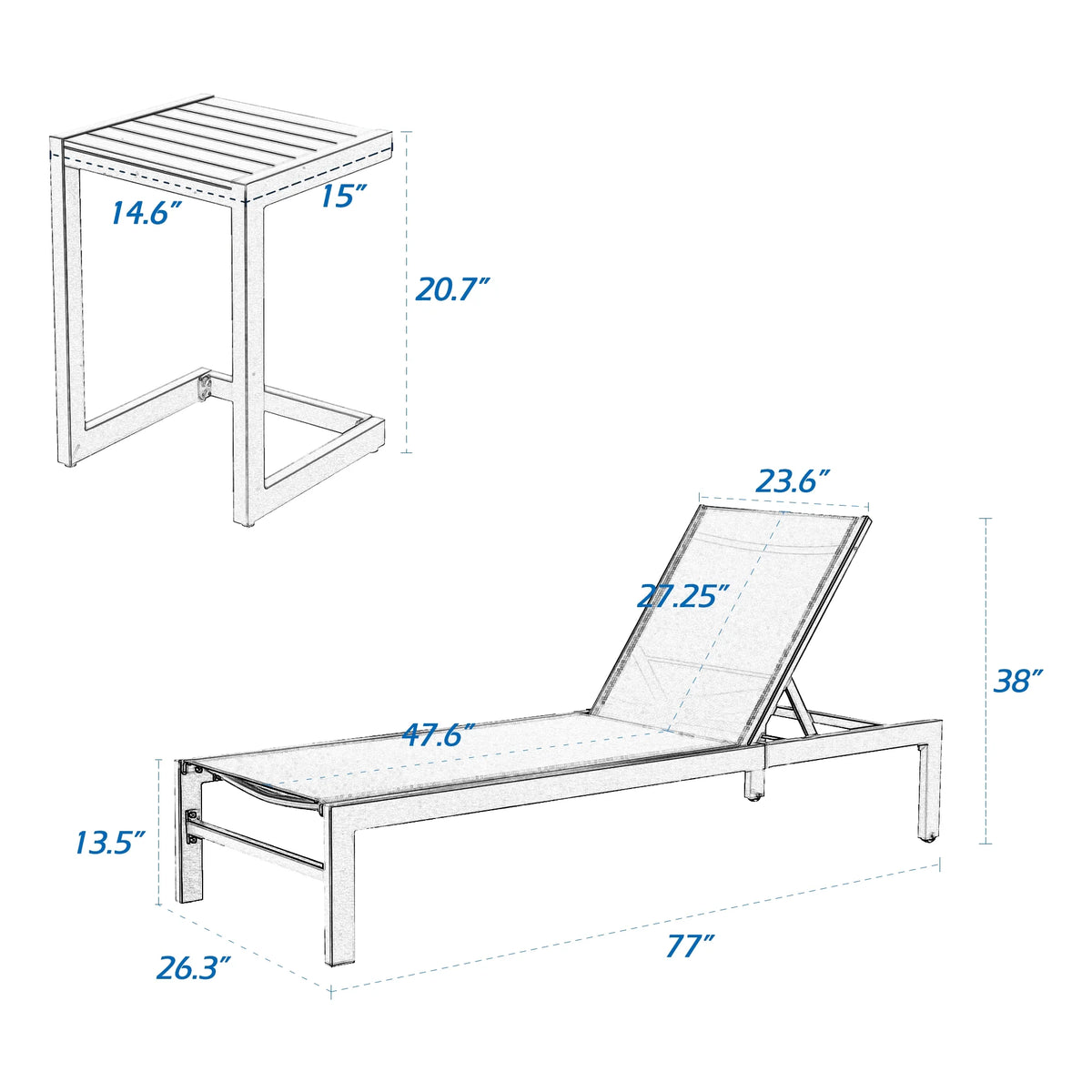 3 Pieces Outdoor Patio Aluminum Reclining Chaise Lounge Chairs Set with Side Table J945192