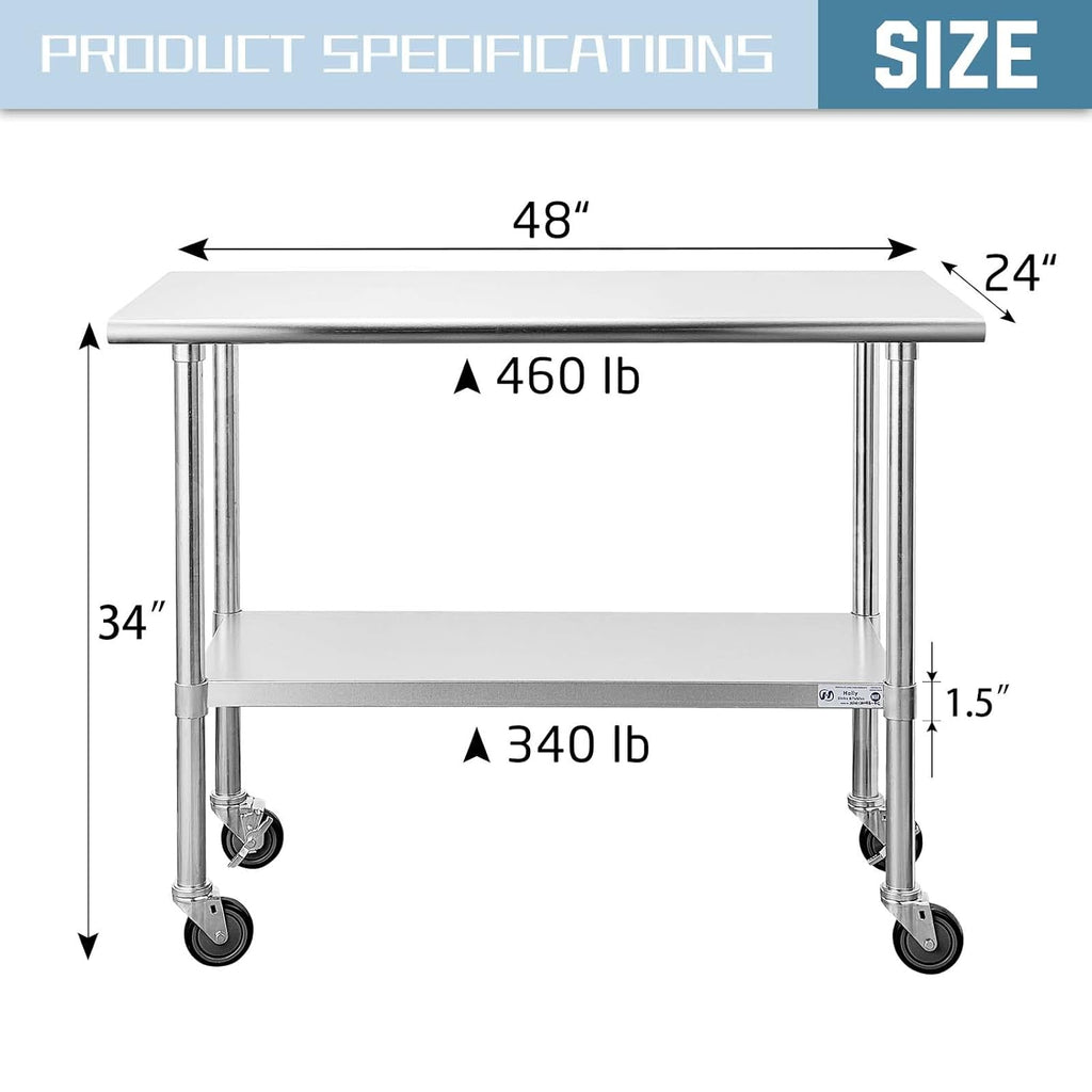 Stainless Steel Table 24 x 48 Inches with Caster Wheels and Undershelf E951