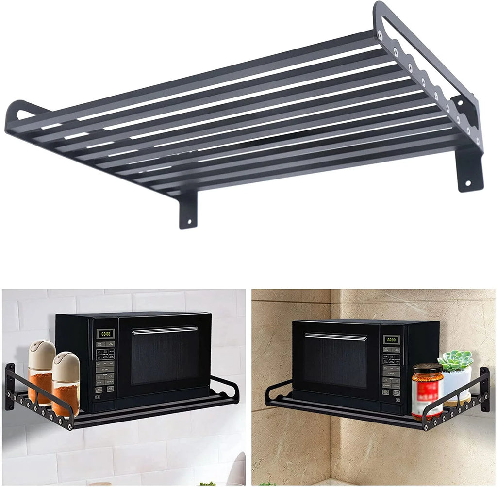 Black Wall Mounted Microwave Oven Bracket Storage Rack Aluminum J31602