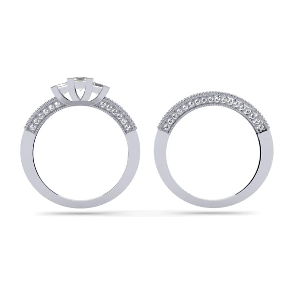 10K White Gold Diamond Bridal 3 Stone Engagement Ring With Matching Band N211408