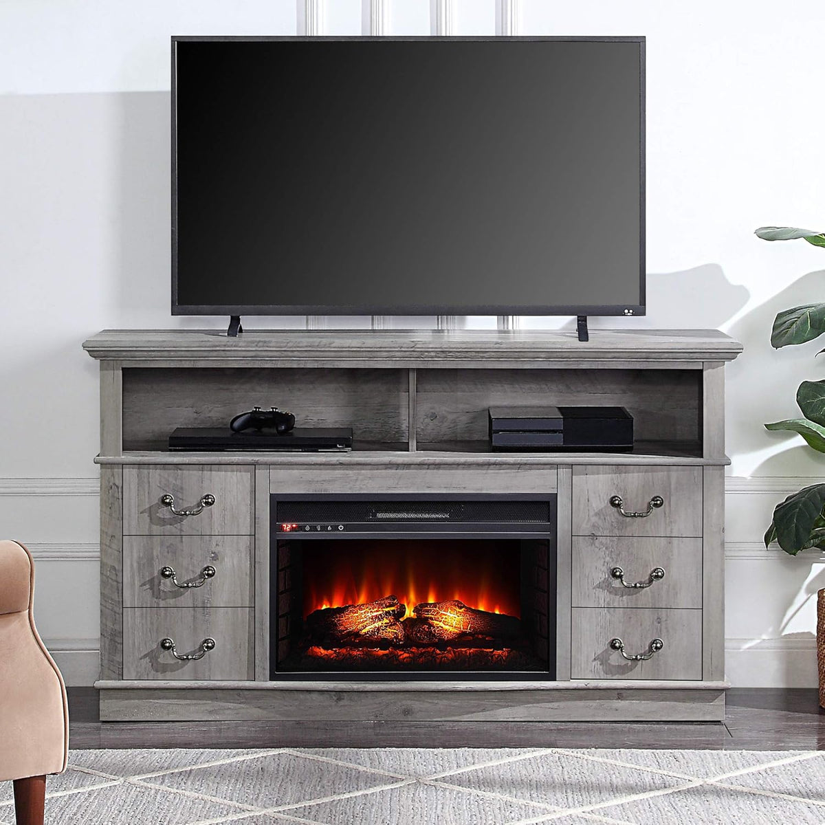 Modern Farmhouse Electric Fireplace TV Stand with Open Storage Shelves & Cabinets M2920