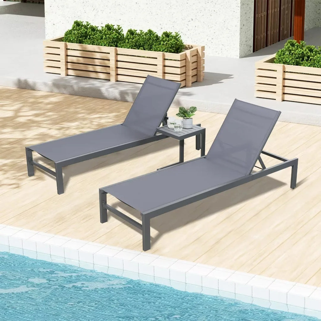 3 Pieces Outdoor Patio Aluminum Reclining Chaise Lounge Chairs Set with Side Table J945192