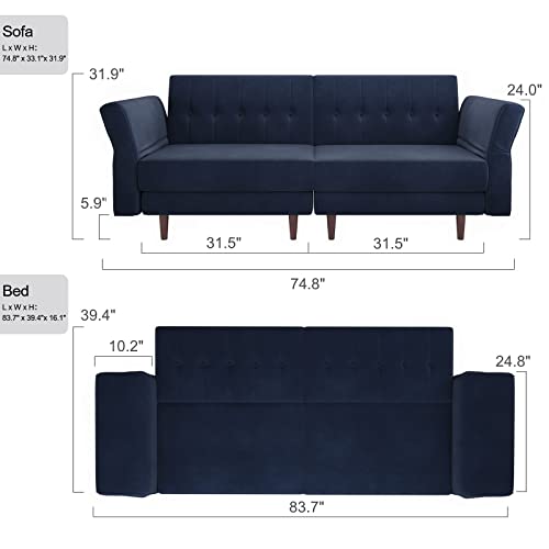 Navy Blue Velvet Memory Foam Futon Sofa A850